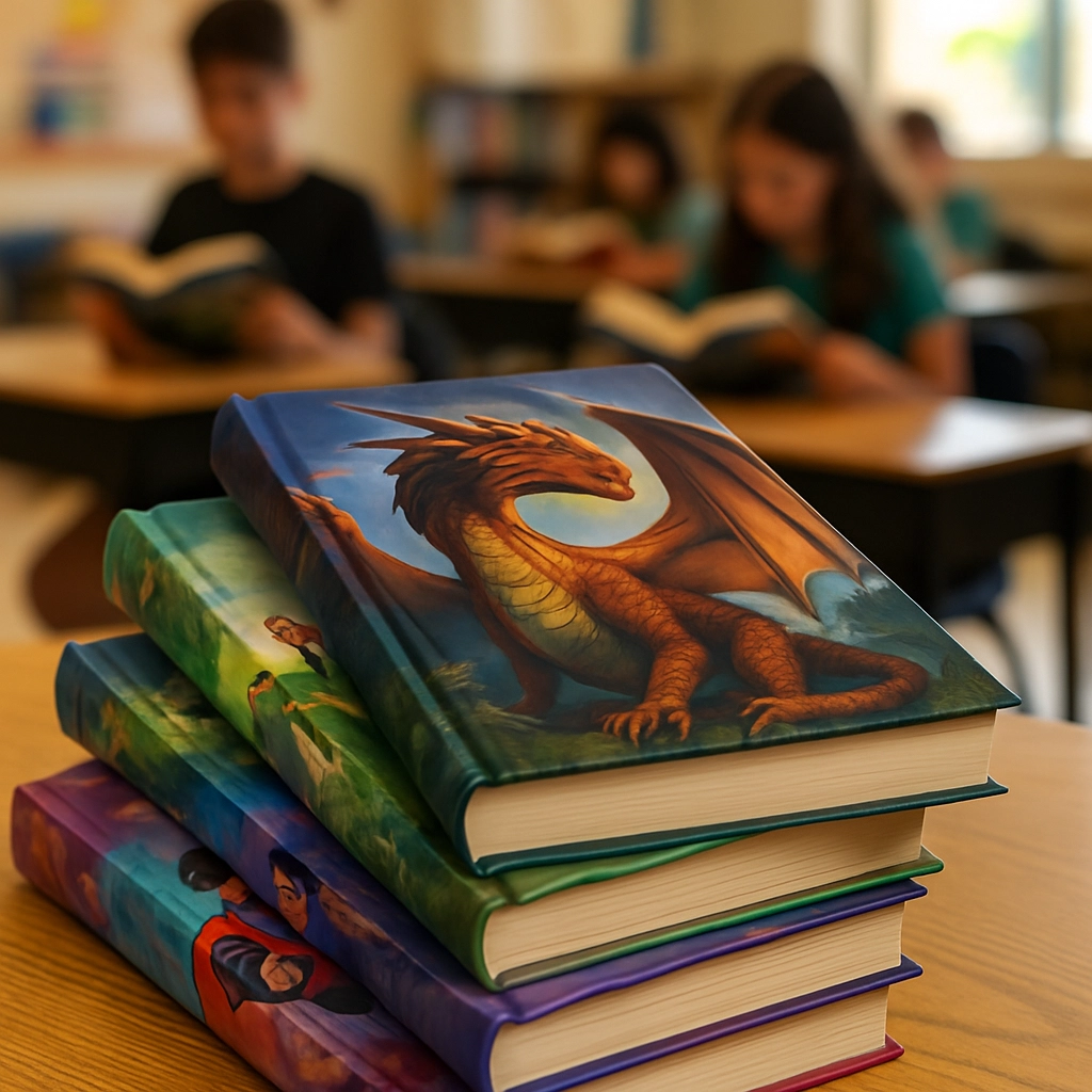A photorealistic image of a stack of popular children's book series books, including a dragon-themed book, a fairy-tale twist book, and a graphic novel, arranged on a wooden table. The books have colorful covers with fantastical illustrations, but no readable text. In the background, a blurred classroom setting with students reading. The lighting is warm and inviting, emphasizing the books as the main subject.