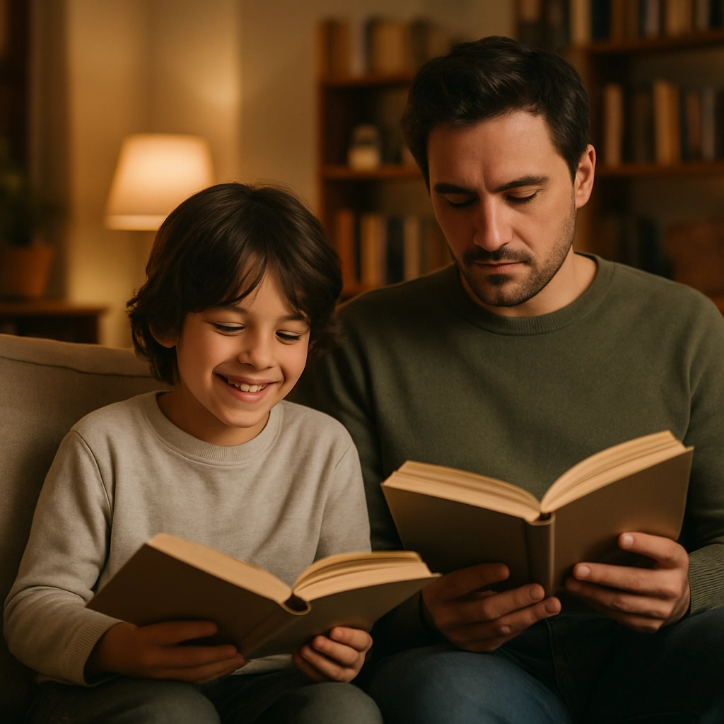 A realistic image of a parent and child sitting together on a sofa at home, both engaged in reading their own books. The child is smiling at something in their book, and the parent is also deeply absorbed. The living room is cozy with lamps and bookshelves in the background. The scene captures the warmth of shared reading without any text on the books, with the focus on the bond and positive atmosphere.