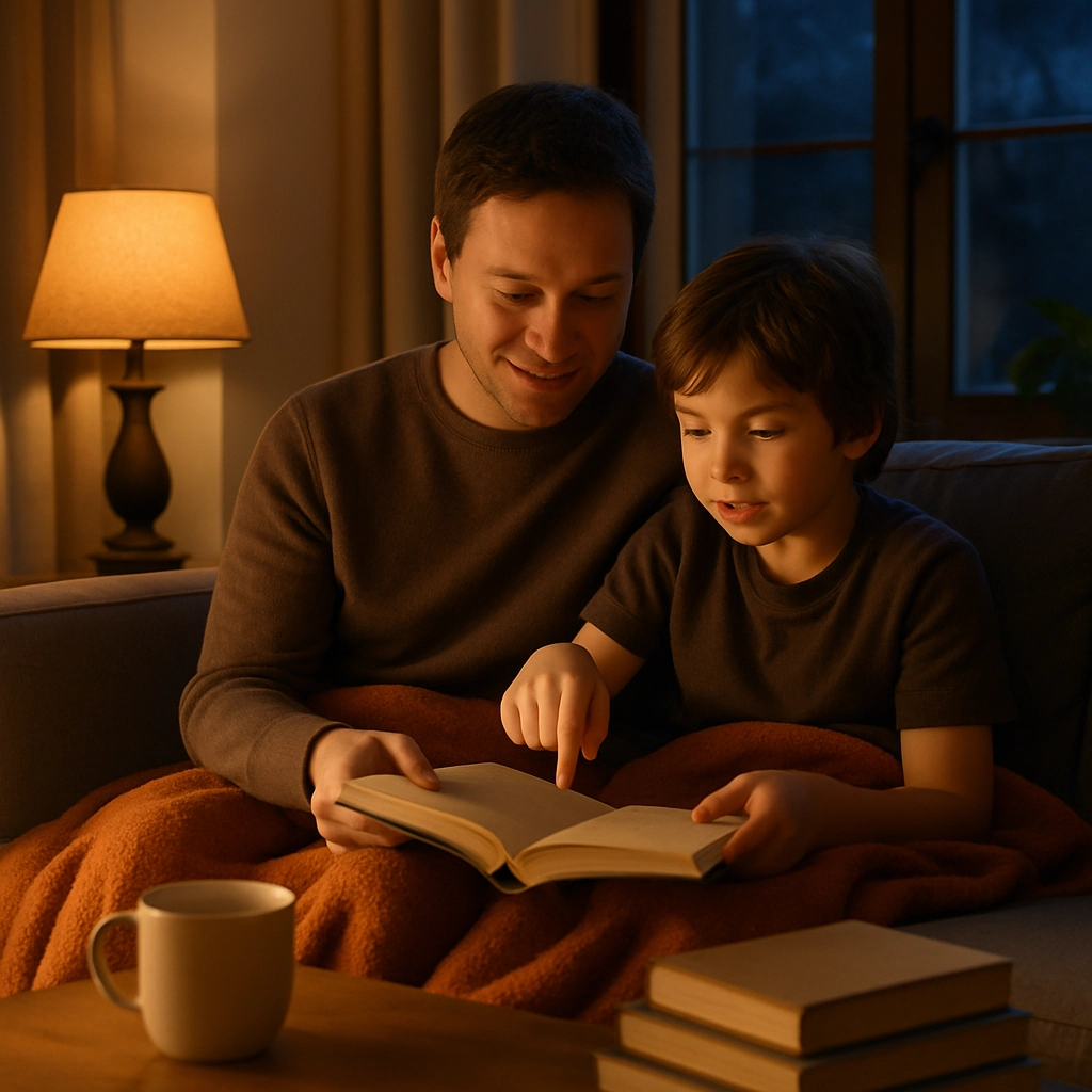 A photorealistic, cozy evening scene in a living room. A parent and a 3rd grade child are sitting close together on a gray sofa under a warm orange blanket. They are reading a book together, and the child is pointing at the page with a curious expression. On the coffee table, there is a cup of cocoa and a stack of three books. The windows show a dark blue evening sky. Soft, warm lamp light creates a serene, loving atmosphere, with a shallow depth of field. No text, letters, or words in the image.