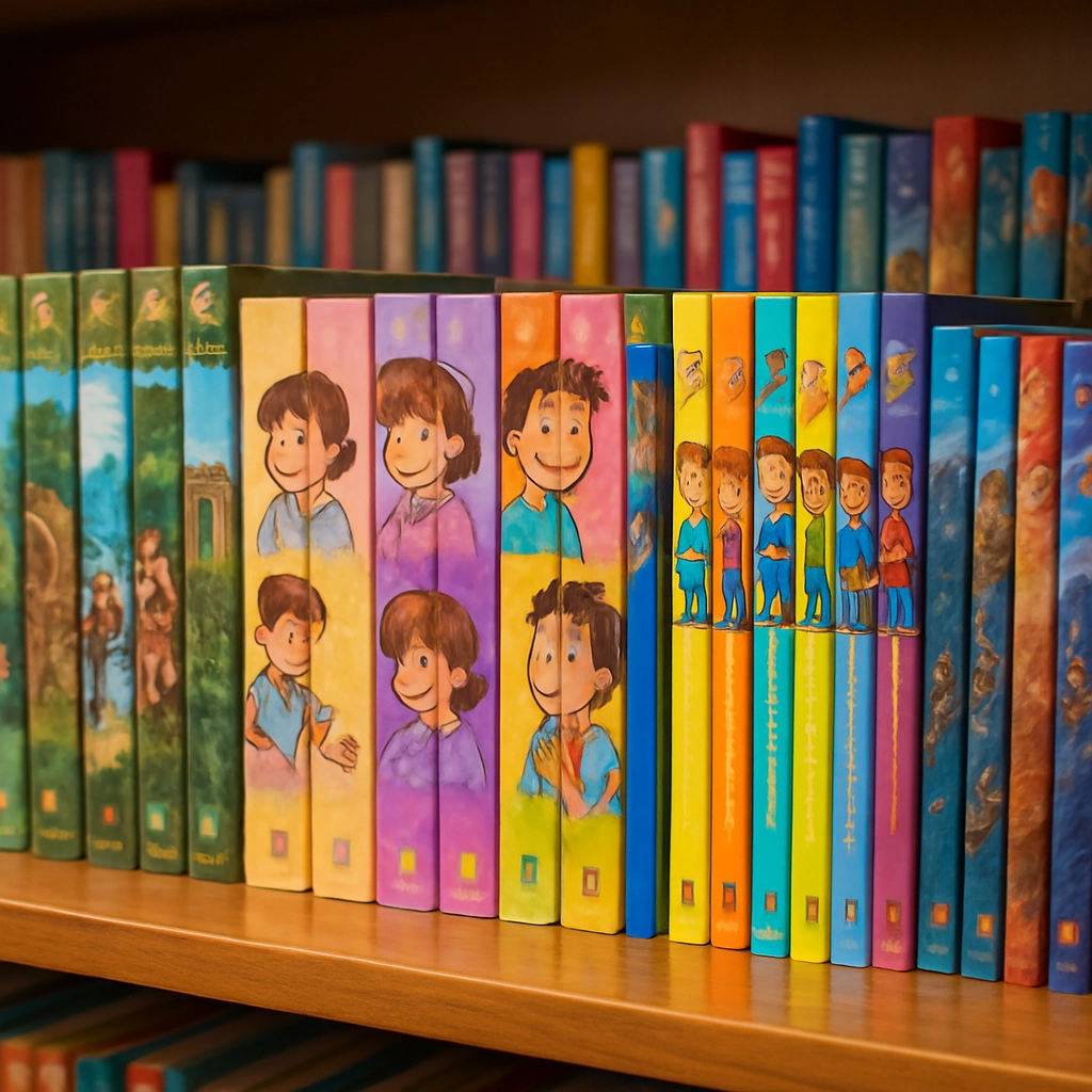 A colorful, vibrant bookshelf filled with a variety of chapter books in the foreground, with a specific spotlight on several well-known series like Magic Treehouse, Junie B. Jones, and My Weird School, the books are arranged in an appealing, organised manner, with a sense of fun and exploration, photorealistic, high-quality lighting, with no text, letters, or words visible on the covers or any part of the image.