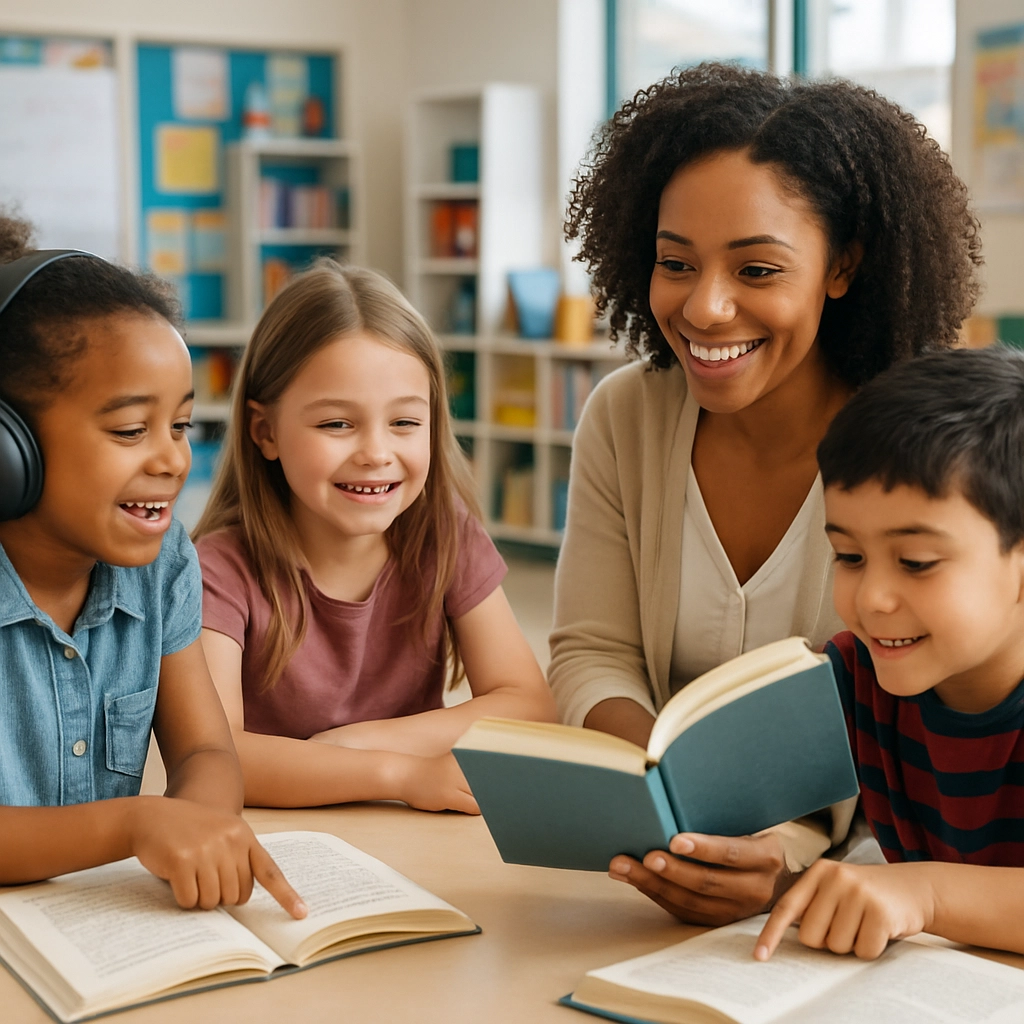 A diverse group of 2nd graders in a bright, modern classroom, sitting at a small round table with the teacher, they are all smiling and looking at a chapter book, with one child pointing at the text, another child listening to an audiobook on headphones, and a teacher holding a book up to show the class, the scene is warm, dynamic, and photorealistic, with no text or letters in the image.