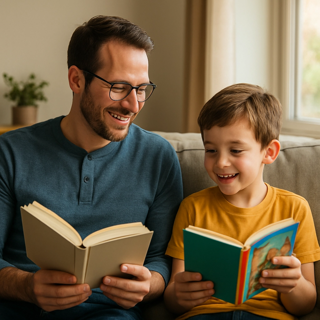 A father and his 7-year-old child sitting on a couch, both reading their own books side by side, the father looks engaged and smiles at his child, and the child is holding a book from the My Weird School series, the atmosphere is warm and comfortable, with natural light from a window, photorealistic, no text or letters visible on the books or anywhere in the scene.