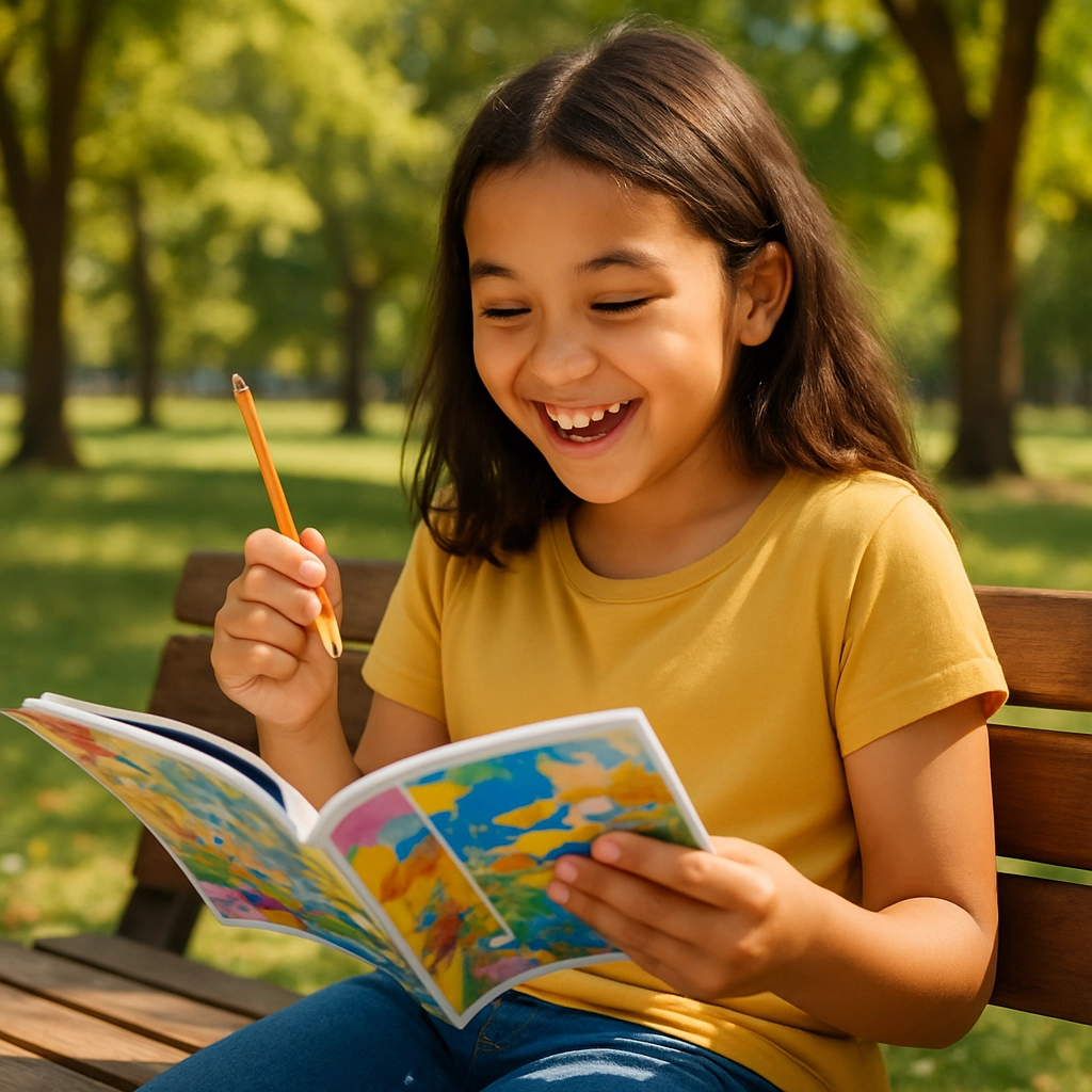 A joyful preteen girl reading a magazine on a bench at a sunny park, surrounded by trees. Her face lights up as she reads, and she holds a pencil, ready to do an activity in the magazine. The magazine shows colorful pages. The scene is warm and vivid, highlighting the pleasure of reading outdoors, with no text, letters, or words.