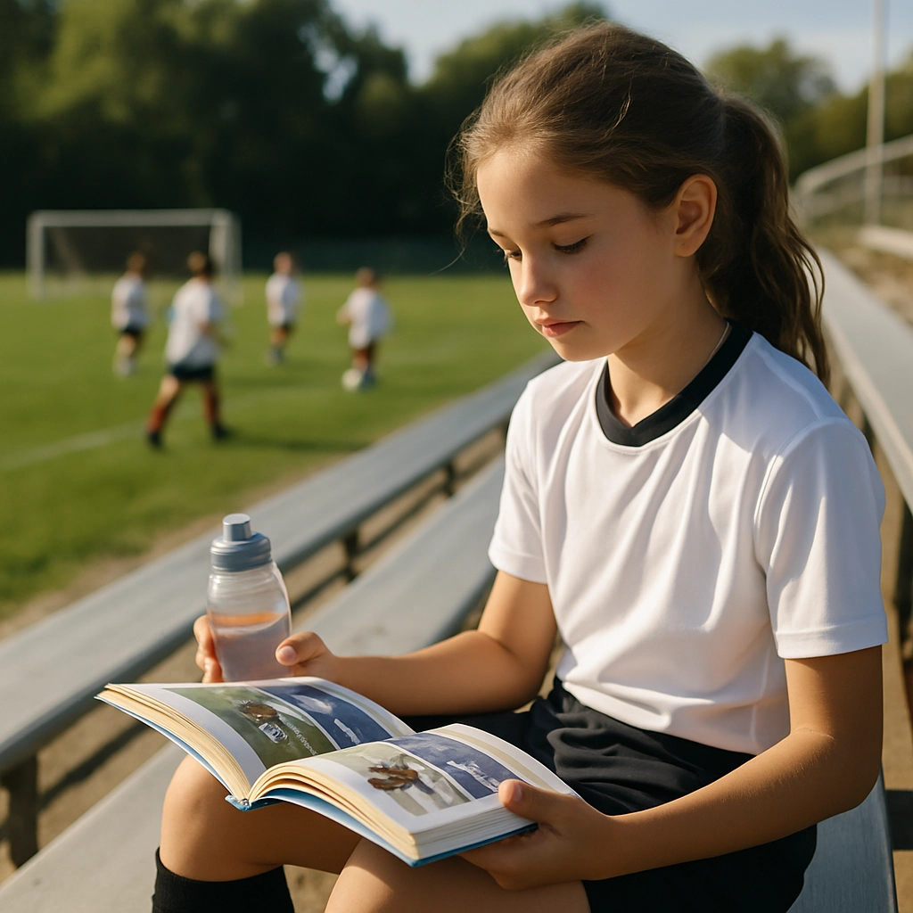 A realistic image of a young 11-year-old girl reading a book about sports on a stadium bleacher after practice, wearing a soccer uniform, holding a water bottle, with other kids playing in the background, sunny day, no text, letters, or words in the image