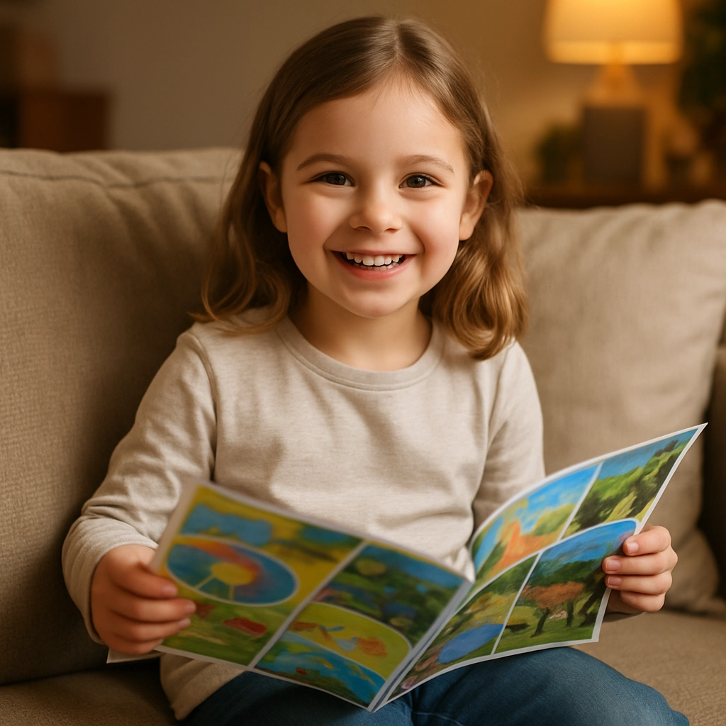 A high-resolution, realistic photo of a happy 7-year-old girl sitting on a cozy sofa at home, smiling brightly as she holds an open, colorful children's magazine. The magazine pages are clearly visible, showing a mix of vibrant illustrations, fun diagrams, and photographic images of animals and nature. She is dressed in a comfortable, casual outfit, and the warm lighting of the living room enhances the feeling of joy and curiosity. The image focuses on her engagement with the physical magazine, highlighting the colorful print on the glossy pages. Generate the image without any text, letters, or words anywhere.