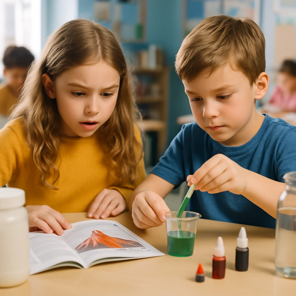 A realistic, high-resolution photo of two children, a boy and a girl, around 8-9 years old, sitting at a bright classroom table and working on a hands-on science experiment from a magazine. The boy is carefully pouring a colored liquid into a plastic cup while the girl is reading instructions from an open magazine with diagrams of a volcano. Their faces show intense concentration and excitement. The table is covered with safe, household science items like baking soda, vinegar, and food coloring. The background is a well-lit, cheerful classroom with other children and educational posters. The image is completely devoid of any text, letters, or words.