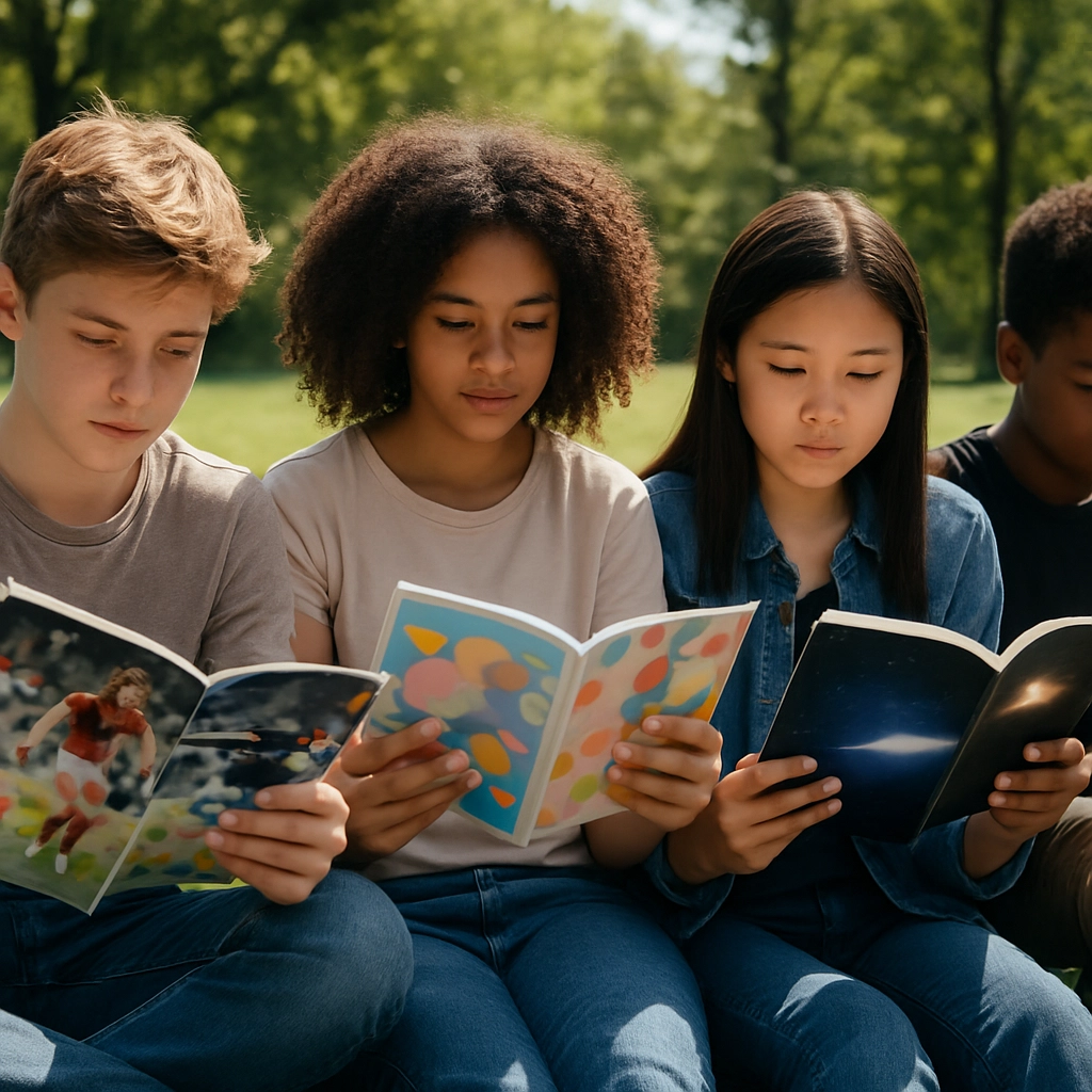 A realistic, high-resolution photograph of a diverse group of teenagers, around 12-14 years old, sitting outdoors on the grass in a sunny park, each deeply engrossed in a different interesting magazine. One is reading a sports magazine with action-packed photos, another is flipping through an arts and crafts magazine showing colorful DIY projects, and a third is deeply focused on a science magazine with a space-themed cover. They are surrounded by a natural, green environment with trees in the background, and the relaxed atmosphere shows the power of magazines to cater to different individual interests. The image is sharp, with clear details on the magazine covers and the teenagers' focused expressions. Generate the image without any text, letters, or words anywhere.