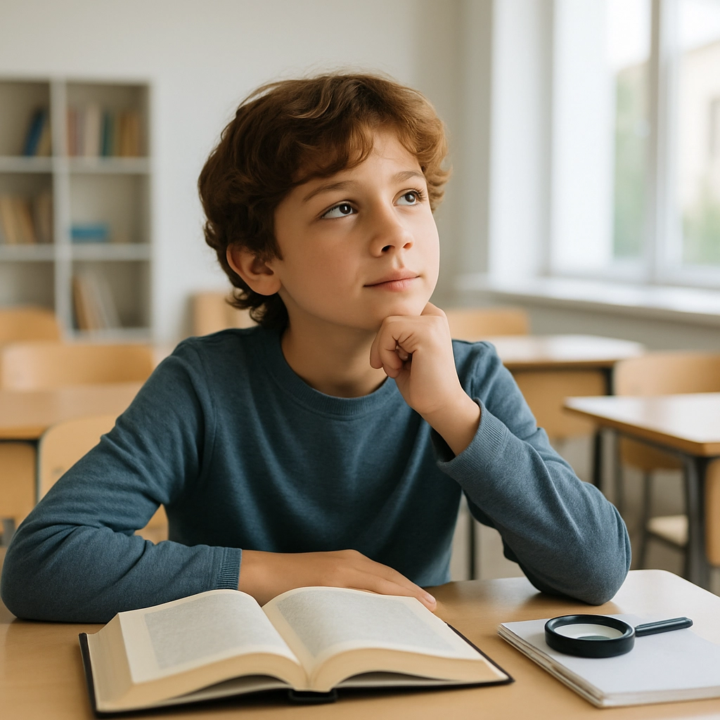 A photorealistic image of a 6th grade student sitting at a desk with an open book, looking thoughtful and engaged, with a magnifying glass and a notebook beside them, in a bright classroom environment, no text, letters, or words in the image