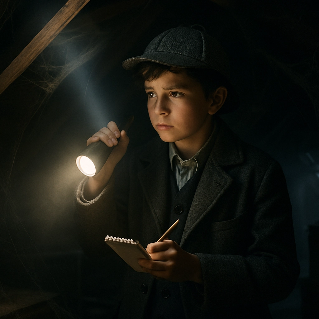 A photorealistic image of a young detective with a notepad and flashlight exploring a mysterious attic, with shadows and cobwebs, looking for clues, in a dramatic atmospheric setting, no text, letters, or words in the image