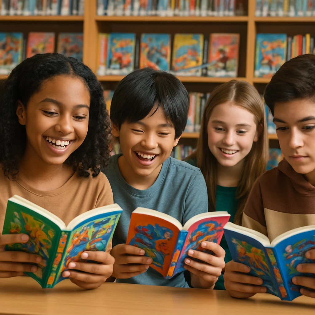 A photorealistic image of a diverse group of middle school students reading graphic novels in a school library, with colorful book covers visible in the background, expressions of joy and curiosity, no text, letters, or words in the image