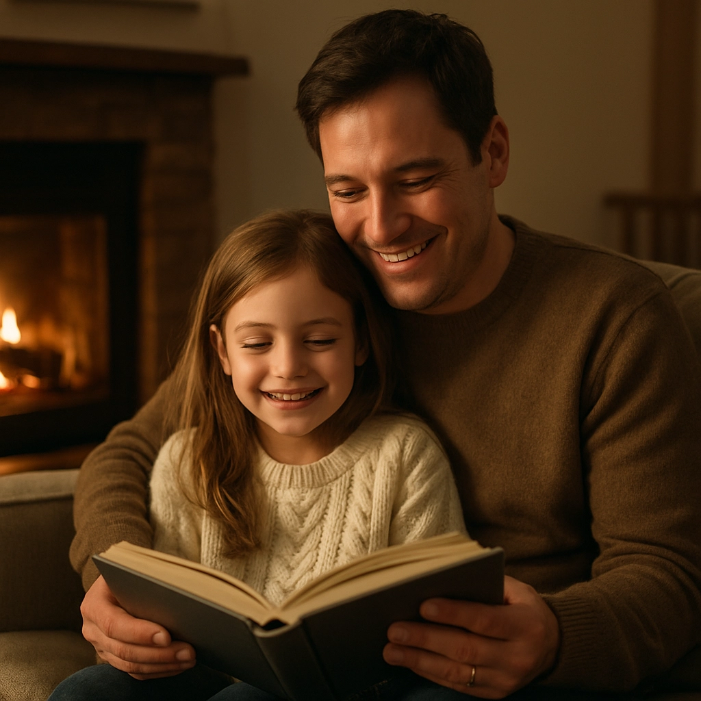 A photorealistic image of a parent and child sitting together on a cozy couch, reading a book, with a warm fireplace in the background, both smiling, in a comfortable home setting, no text, letters, or words in the image