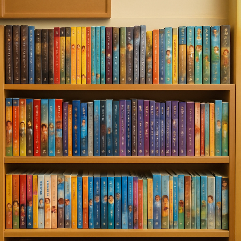 detailed prompt: A realistic, detailed photograph of a vibrant and organized bookshelf in a classroom or library, displaying a collection of popular 4th-grade book series, with each book spine clearly visible, categories like mysteries, fantasy, science, and realistic fiction subtly arranged from left to right, a soft focus effect and warm lighting to create an inviting atmosphere, no text, letters, or words visible on the image itself, high resolution, photorealistic