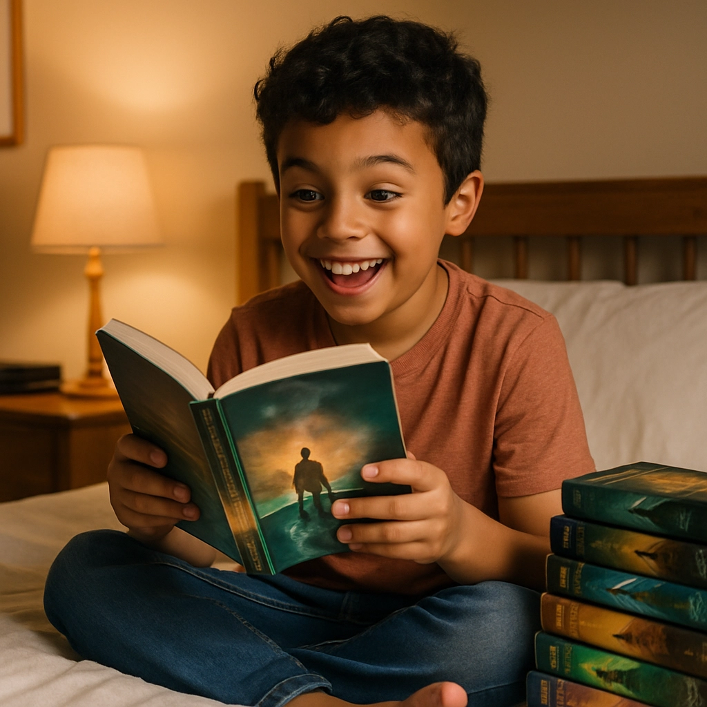 A realistic, high-quality image of a happy 4th-grade child sitting cross-legged on a bed at home, holding a book from a popular series like 'Percy Jackson', with a big smile on the face, eyes wide with excitement, a stack of books from the same series beside them, warm bedroom lighting, the child is completely absorbed in reading, no text, letters, or words in the image