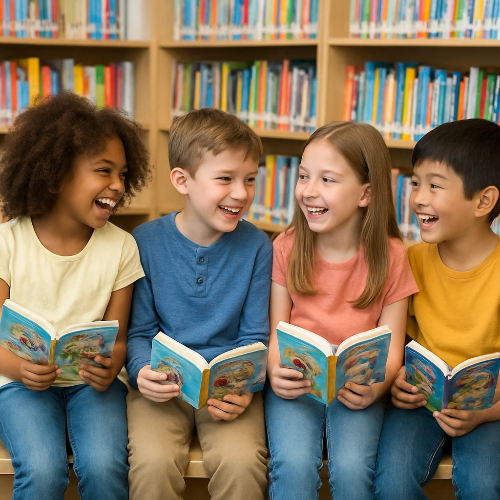 A realistic, high-quality image of a group of diverse 4th-grade students sitting in a school library, each holding a different book from various series, laughing and chatting with each other, colorful bookshelves filled with books in the background, bright and cheerful atmosphere, natural lighting, the children are engaged and happy, no text, letters, or words in the image