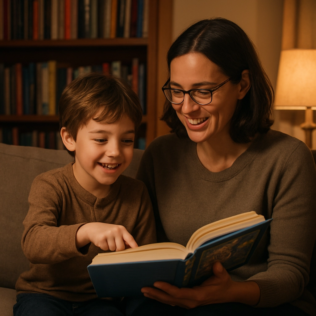 A realistic, high-quality image of a child and an adult (parent or teacher) sitting together on a cozy sofa, reading a book from a series together, the child is pointing at a page and smiling, the adult looks happy and engaged, warm living room with bookshelves filled with colorful books, soft lamp light creating a peaceful evening atmosphere, no text, letters, or words in the image