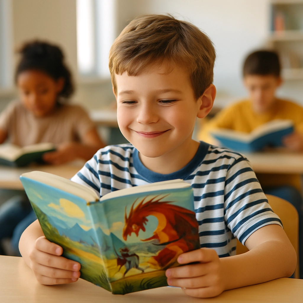 A cozy, realistic illustration of a 3rd-grade boy sitting cross-legged on his bed at night, reading a book by the light of a small bedside lamp. His face is lit with wonder and a slight smile. Around him, on the bed, are several other books from the same series, stacked neatly. The room is dimly lit, creating a calm, focused bedtime reading atmosphere. The image is high-quality, detailed, and must contain absolutely no text, letters, or words.