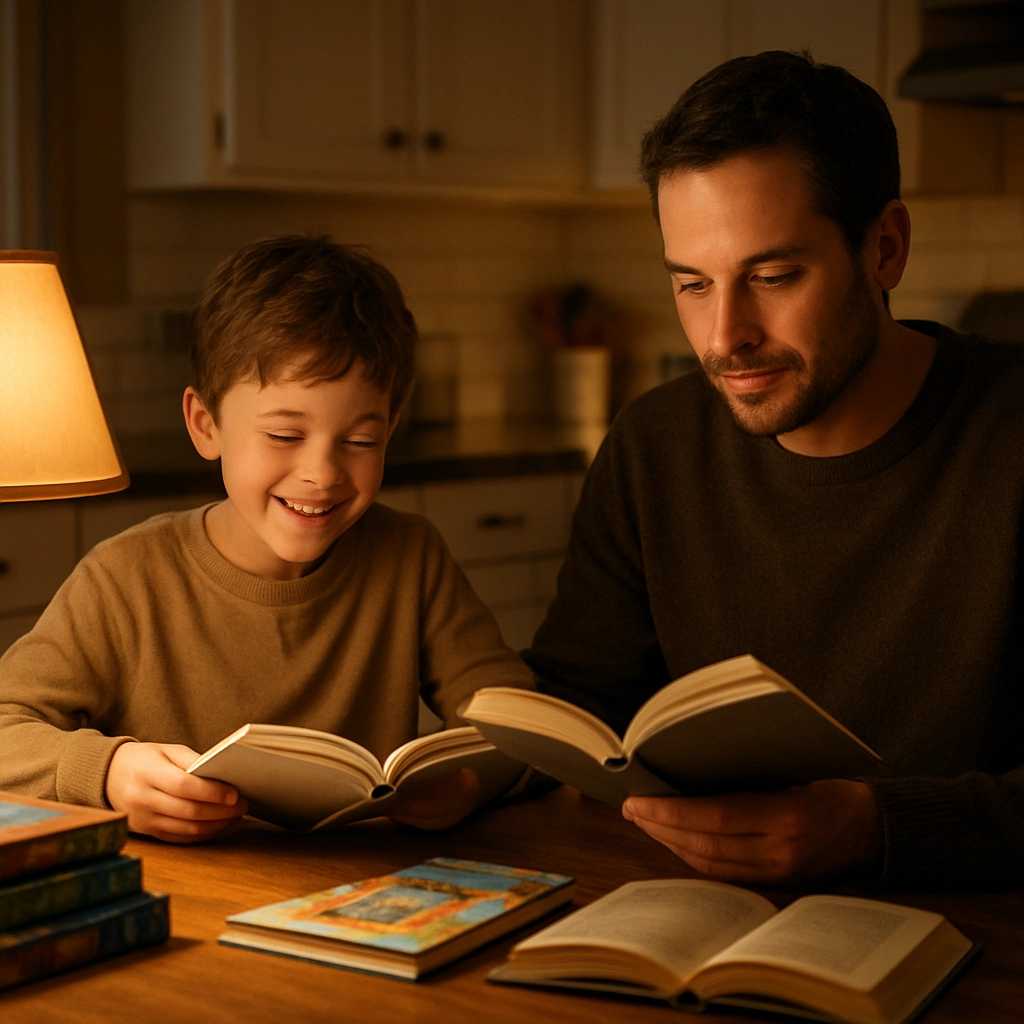A realistic image of a parent and a child sitting at a kitchen table, each reading their own book, with a warm lamp light creating a cozy atmosphere. The child is smiling while looking at a page, and the parent appears engaged in reading. Books, including a chapter book series, are spread on the table. The scene is wholesome and inviting, with no text, letters, or words present.