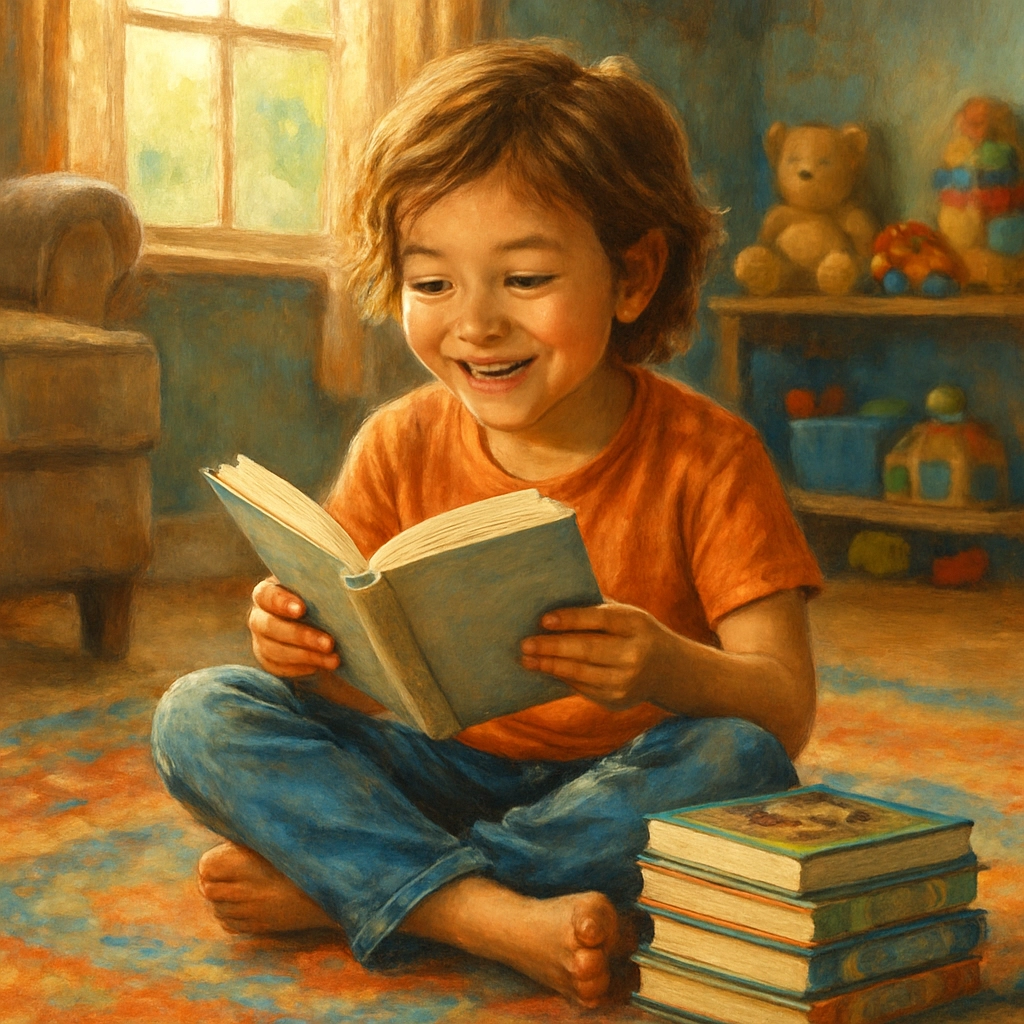 A vibrant, realistic illustration of a seven-year-old child sitting cross-legged on a colorful rug at home, holding an open chapter book with a smile, surrounded by a small pile of books from the same series. The child's eyes show excitement and focus, and the room is cozy with warm lighting, a window, and toys in the background. The image must be free of any text, letters, or words, focusing on the joy of independent reading.