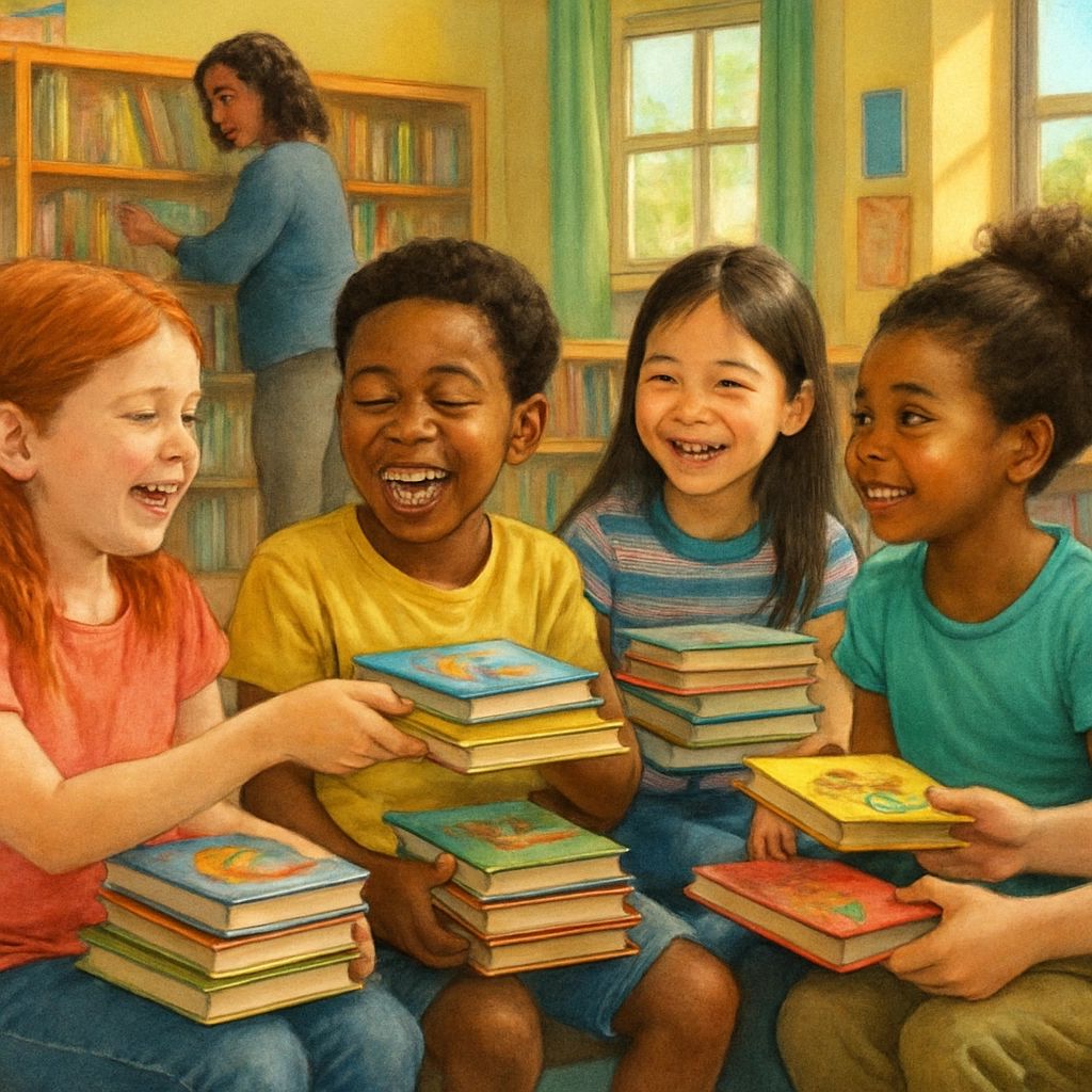 A realistic, bright illustration of a diverse group of second-grade children sitting in a colorful school library, each holding a stack of books from different series (some with playful graphics, others with simple covers). They are exchanging books and laughing, with a librarian in the background organizing shelves. The scene is lively and full of positive energy, with warm natural light coming through windows. The image must be free of any text, letters, or words, focusing on the social aspect of sharing and discussing books.