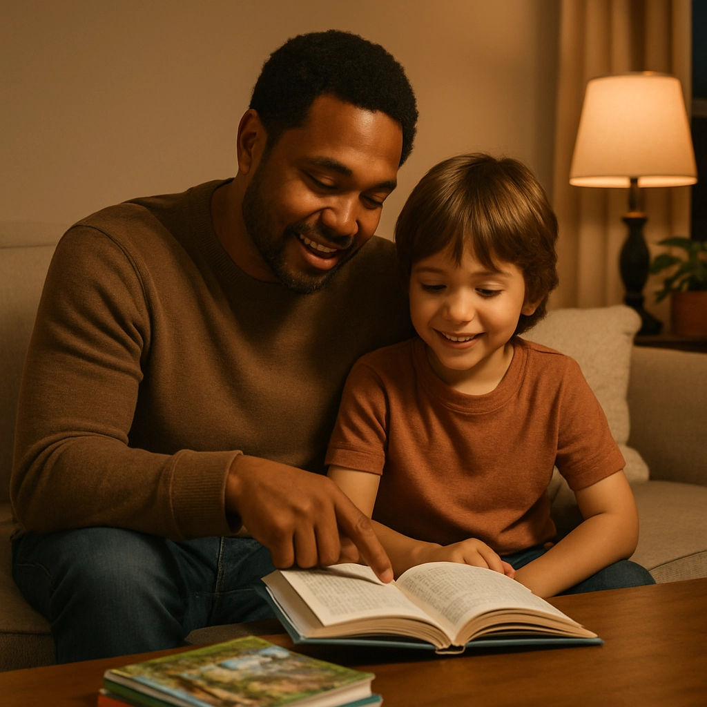 A warm, realistic scene of a parent and a seven-year-old child sitting on a sofa at home, reading a chapter book together. The parent is pointing to the text, the child is smiling and engaged, and there are more books from the same series on the coffee table. The room is cozy with soft lighting, and the focus is on the bonding and the joy of shared reading. The image must be free of any text, letters, or words, capturing the essence of parental involvement in a child's reading journey.
