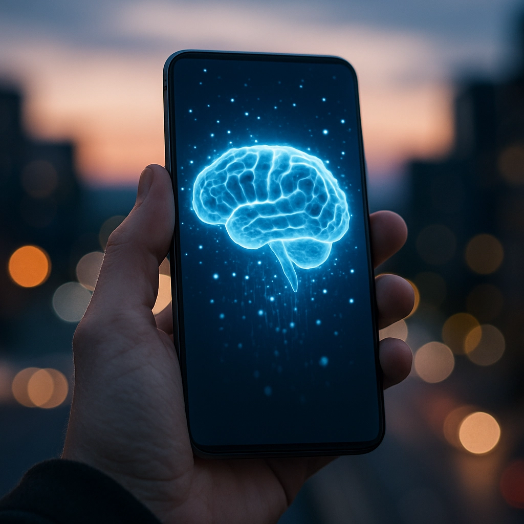A photorealistic image of a futuristic Android smartphone held in a human hand, with a glowing holographic interface displaying a brain-like neural network and floating data particles, set against a blurred city background at dusk, emphasizing intelligence and connectivity, ultra-detailed, 8K resolution, no text, letters, or words anywhere in the image