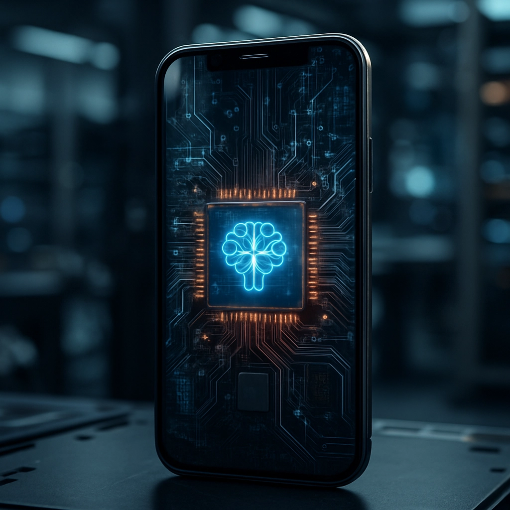 A photorealistic image of an Android smartphone with a transparent screen, revealing the internal components like a CPU chip glowing with a neon neural network, surrounded by circuit board patterns and floating holographic code, set in a high-tech lab environment, ultra-detailed, 8K, no text, letters, or words anywhere in the image