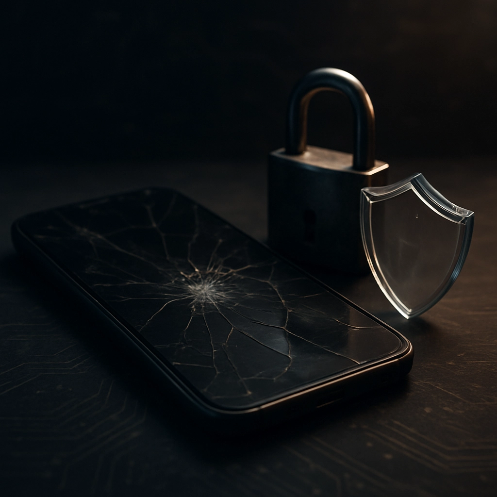 A photorealistic image of an Android smartphone with a cracked screen, lying on a table next to a padlock and a shield icon made of glass, symbolizing security concerns and technical challenges, with a dim, ominous lighting and digital circuit patterns fading in the background, ultra-high detail, 8K, no text, letters, or words anywhere in the image