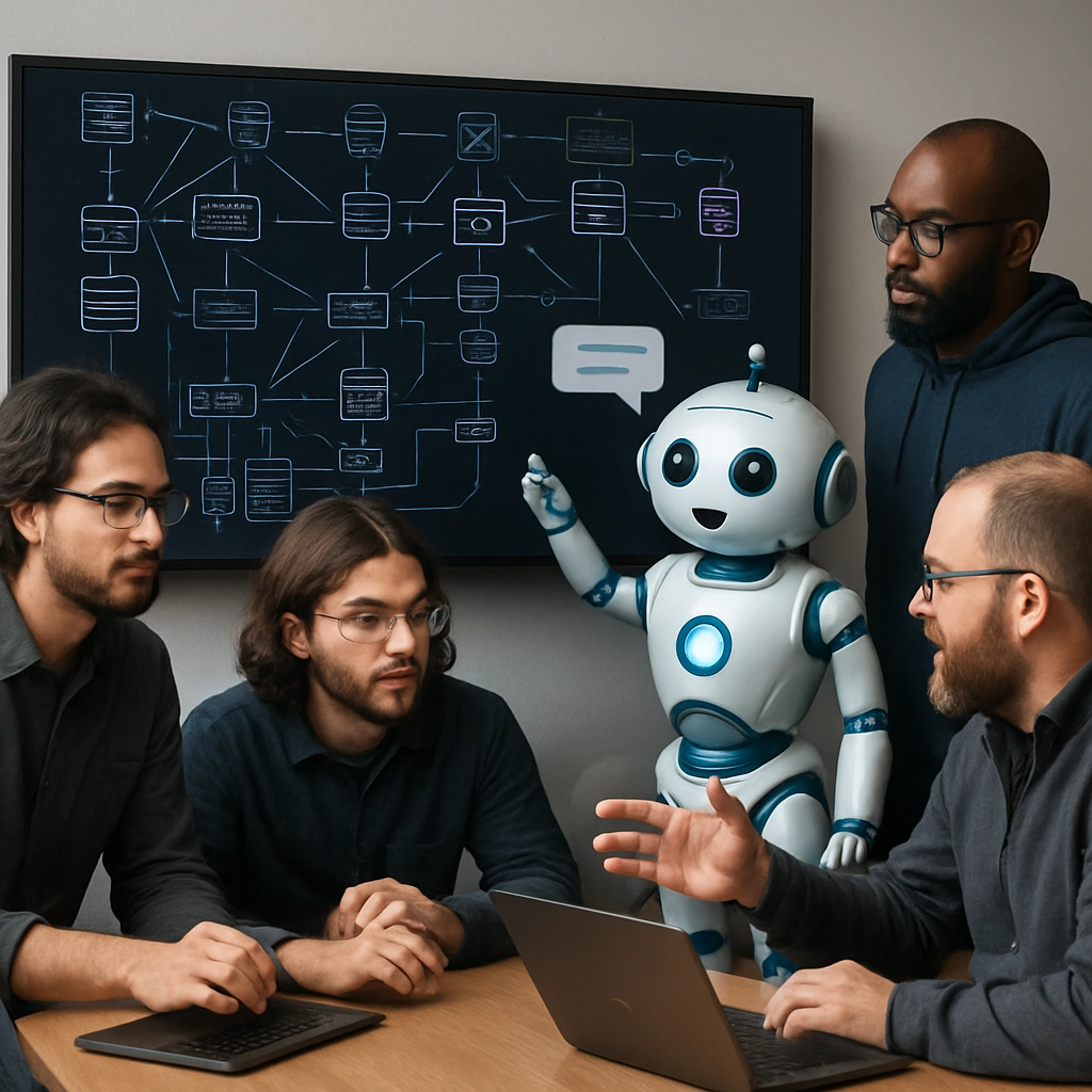 A highly detailed, realistic image of a cross-functional team including developers and system administrators collaborating around a large screen displaying complex cloud infrastructure, with a friendly robot assistant highlighting the natural language interface, no text, no letters, no words