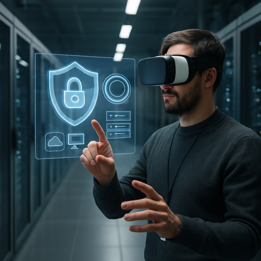 A highly detailed, realistic image of a developer in a secure, modern data center environment, wearing a virtual reality headset and using gestures to control a holographic security dashboard, representing the future of secure cloud management, no text, no letters, no words