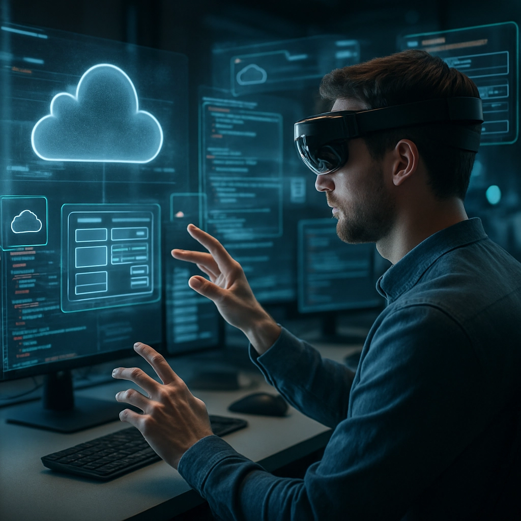 A highly detailed, realistic image of a futuristic developer workspace in 2030, with a developer wearing an AR headset, surrounded by holographic projections of cloud services and code, editing the interface with gestures, representing the next evolutionary step in cloud development tools, no text, no letters, no words