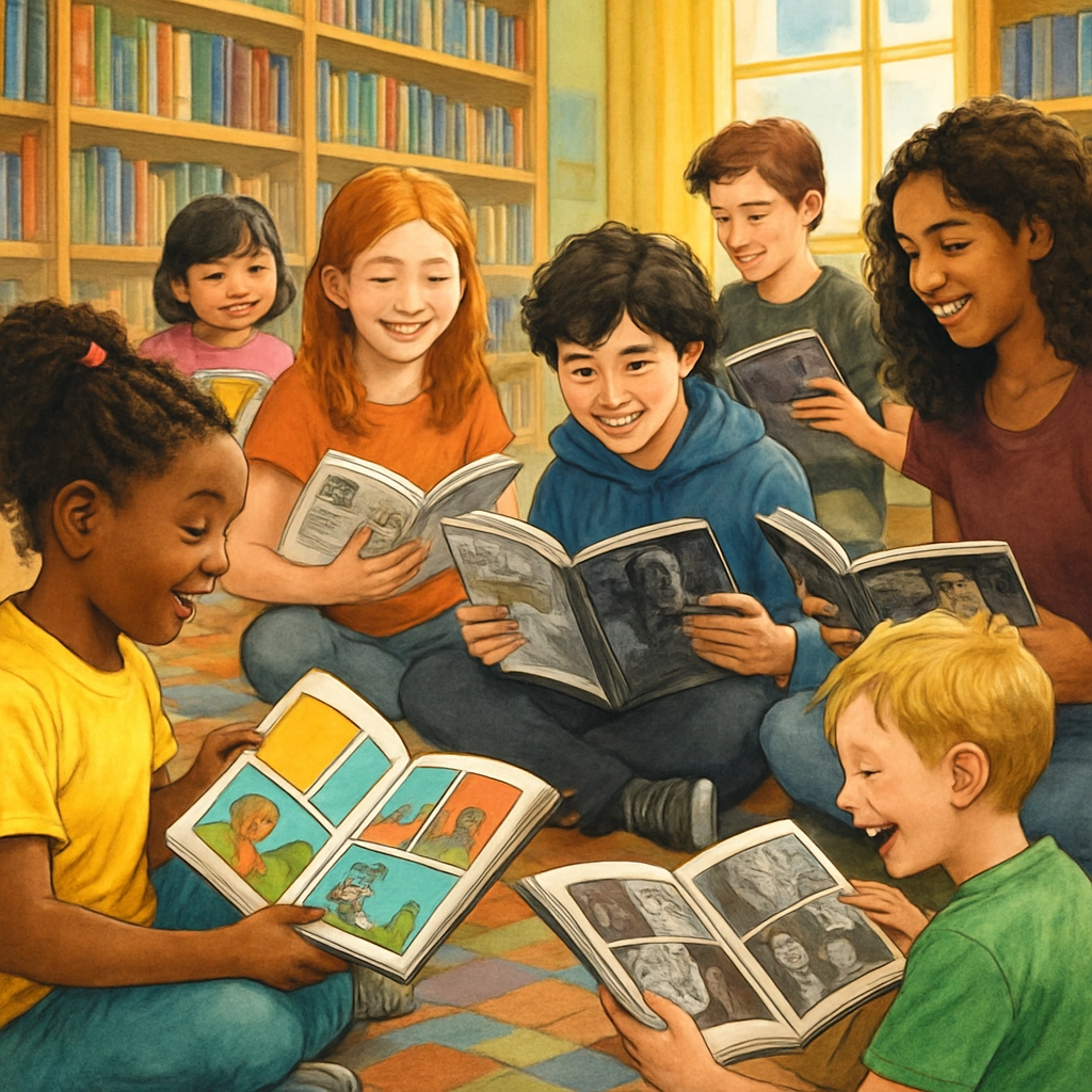 A colorful classroom scene where children are sitting on a colorful rug, each one holding a graphic novel and laughing, with speech bubbles in the air but without any text or words, bookshelves filled with comics in the background, warm and inviting atmosphere, realistic style, no text or letters anywhere