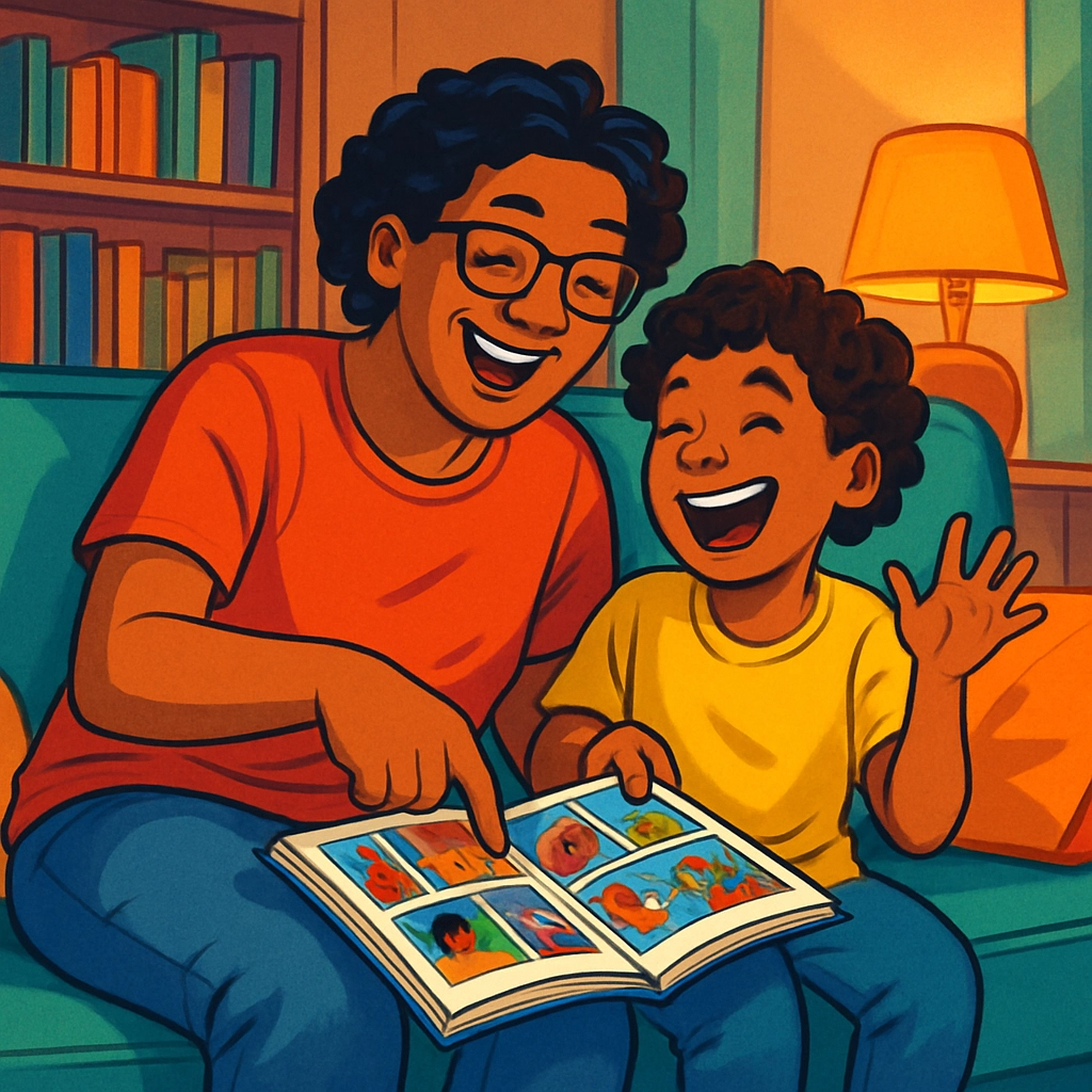 Close-up of a young child's hands turning the pages of a graphic novel, with colorful illustrations on the page showing a character's expressive face, other children in the background are reading quietly in a library, natural light, realistic, no text or letters visible
