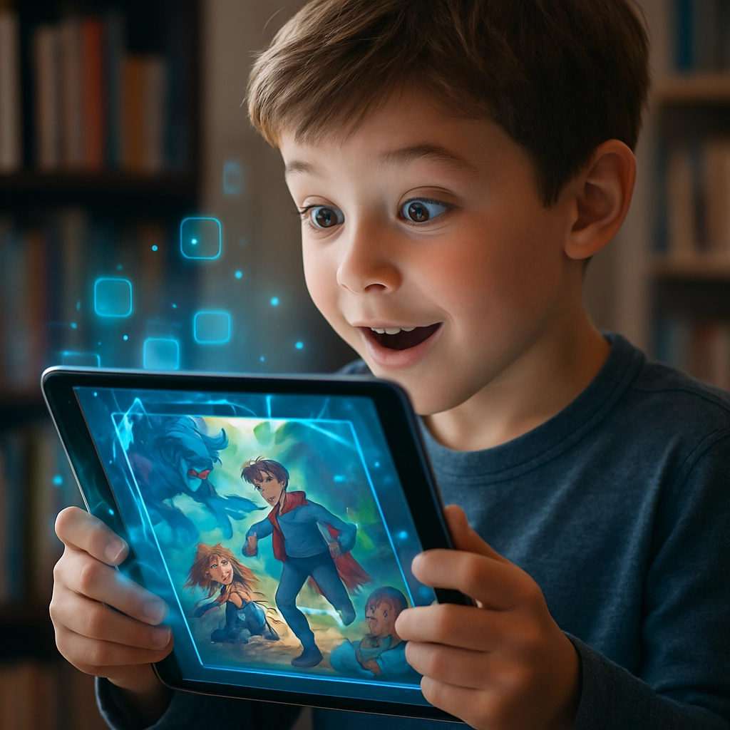 A happy parent and child sitting on a sofa at home, reading a graphic novel together, pointing at colorful pages and laughing, with bookshelves filled with graphic novels in the background, warm living room lighting, realistic photo style, no text or words in the image