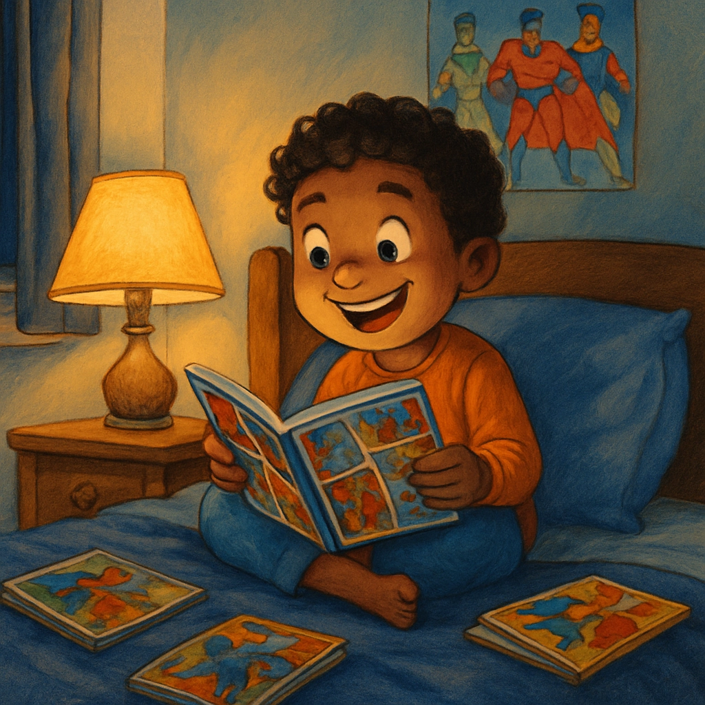 A group of diverse children lying on their stomachs on a colorful floor in a bright classroom, each reading a different graphic novel, with a teacher smiling in the background, bookshelves full of colorful books, cheerful and inspiring atmosphere, realistic style, no text or letters anywhere