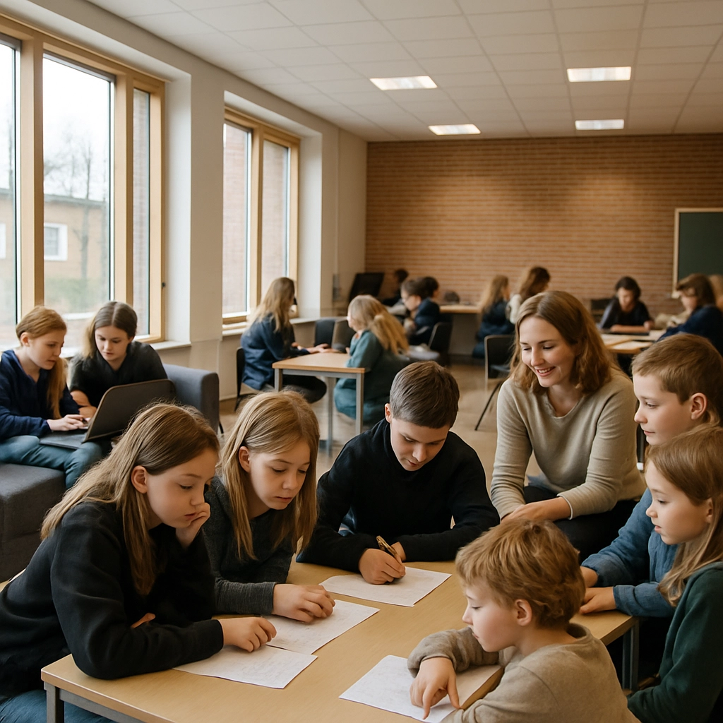 A realistic, modern Danish classroom with students of mixed ages working together on a project, some on sofas, some at tables, with large windows and natural light, a teacher kneeling to talk with a small group, no visible text or words anywhere, high detail, natural colors, professional photography style