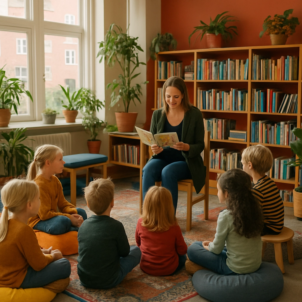 A colorful, cozy Danish classroom with children sitting on beanbags, rugs, and wooden stools, surrounded by plants and bookshelves, a teacher reading to a group, soft natural light from large windows, the scene feels warm and welcoming, no text or words visible, high-quality realistic image