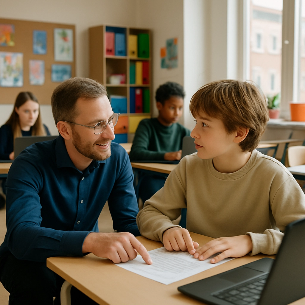 A Danish teacher, kneeling next to a student's desk, pointing at a worksheet and engaging in quiet conversation, while other students work independently on laptops. The classroom has a relaxed atmosphere with colorful materials, no text or words visible, the teacher looks supportive and engaged, realistic image with natural lighting