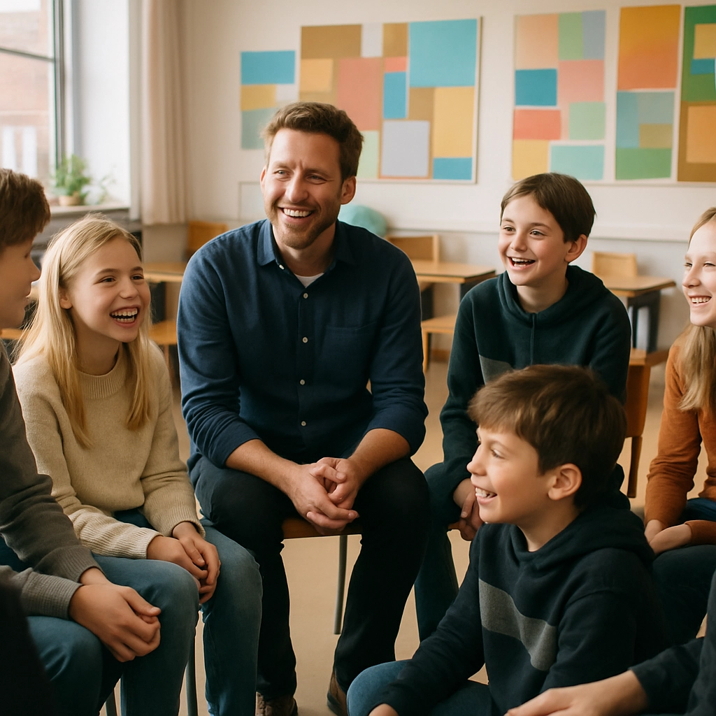 A group of middle school students in Denmark, sitting in a circle with their teacher, laughing and engaged in a discussion, a cozy and cheerful classroom with natural light, posters on the walls without any readable text, no words or letters, high-resolution realistic photo