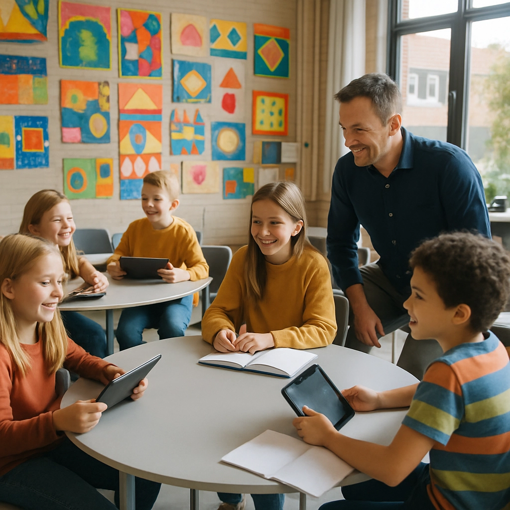 A spacious, modern school interior in Denmark with floor-to-ceiling windows, colorful modular seating, and students working together in small groups on laptops and whiteboards. The atmosphere is bright and collaborative, emphasizing open and flexible learning spaces. The image contains no text, letters, or words.