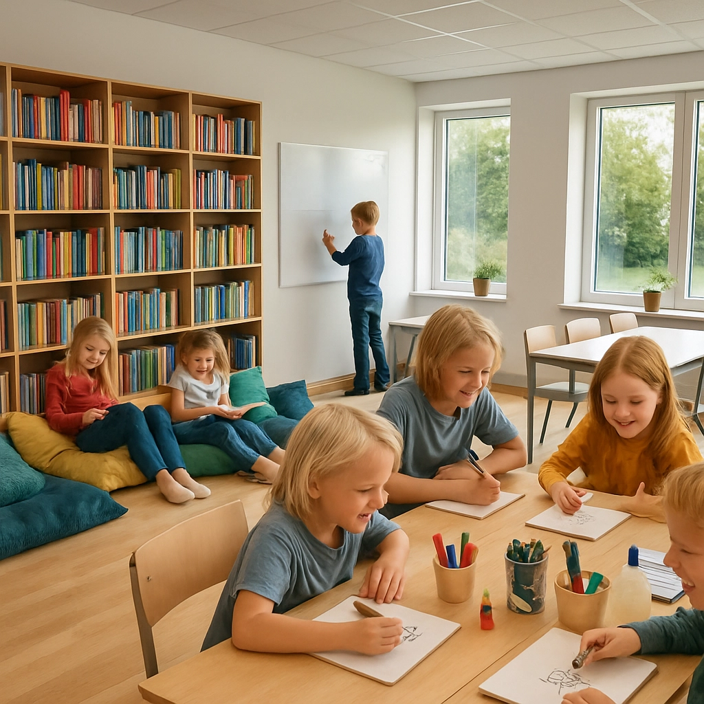 An intimate, cozy corner within a Danish classroom, featuring soft seating, bookshelves, and plants, resembling a living room. A teacher is crouched beside a small group of students, discussing their project with a warm, engaging posture. The focus is on a supportive, home-like learning environment. The image must not contain any text, letters, or words.