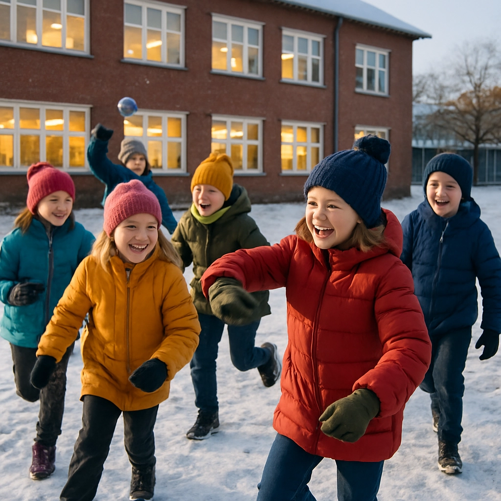 A group of Danish schoolchildren of various ages playing outdoors in a schoolyard, some climbing a wooden structure, others playing football, and some sitting on benches talking. The setting is a bright, green outdoor area with nearby trees and a modern school building in the background. The mood is joyful and energetic, emphasizing the importance of unstructured play. The image contains no text, letters, or words.