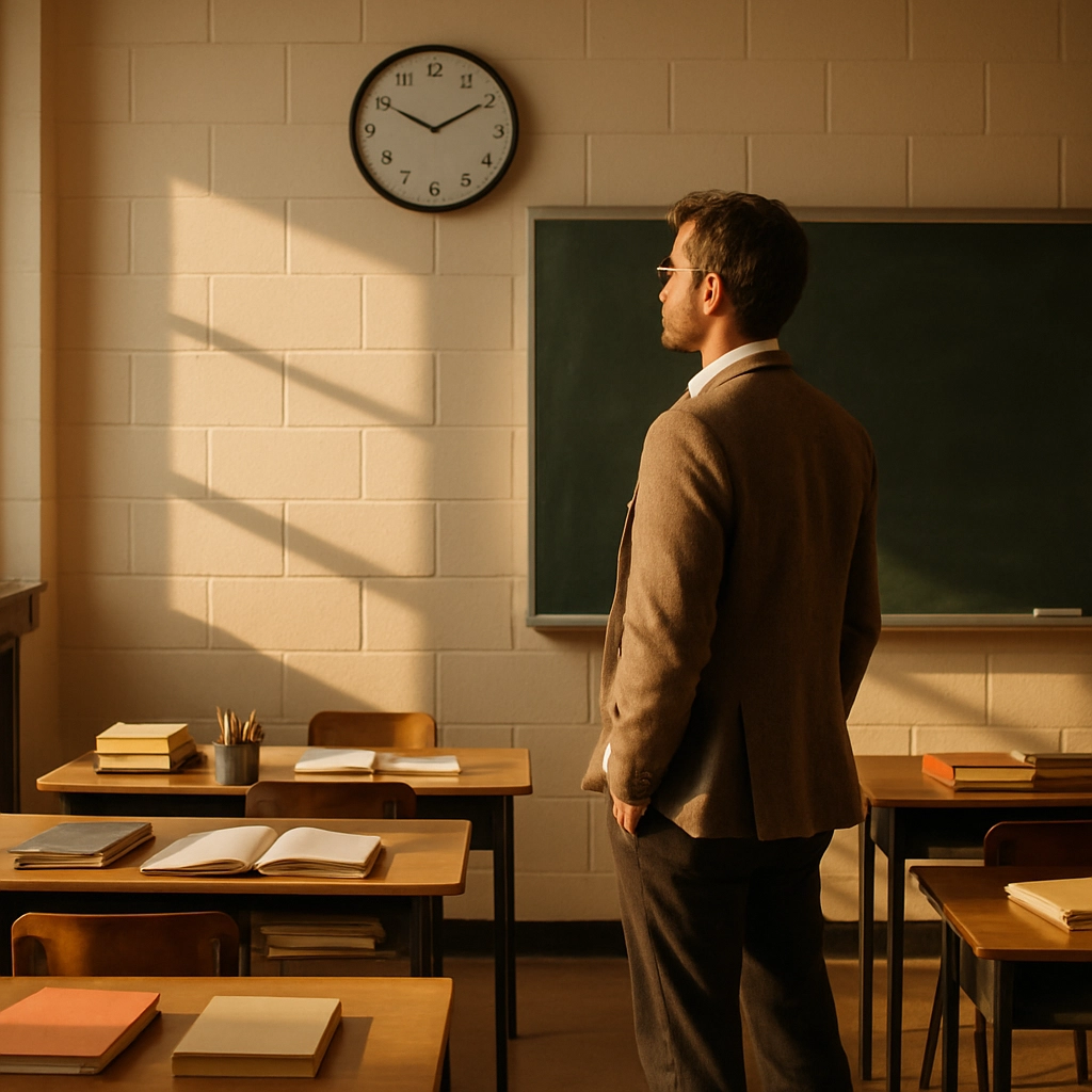 A realistic image of a teacher looking at a large wall clock in an empty classroom, with books and materials on desks, warm natural light casting long shadows, representing the concept of time management and planning. The image must be without any text, letters, or words.