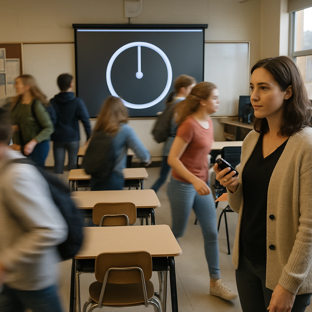 A realistic image of a classroom during a transition, with students quickly moving between desks and stations, a teacher using a stopwatch, and a visible countdown timer on the screen, capturing the organized energy and purposeful movement. The image must be without any text, letters, or words.
