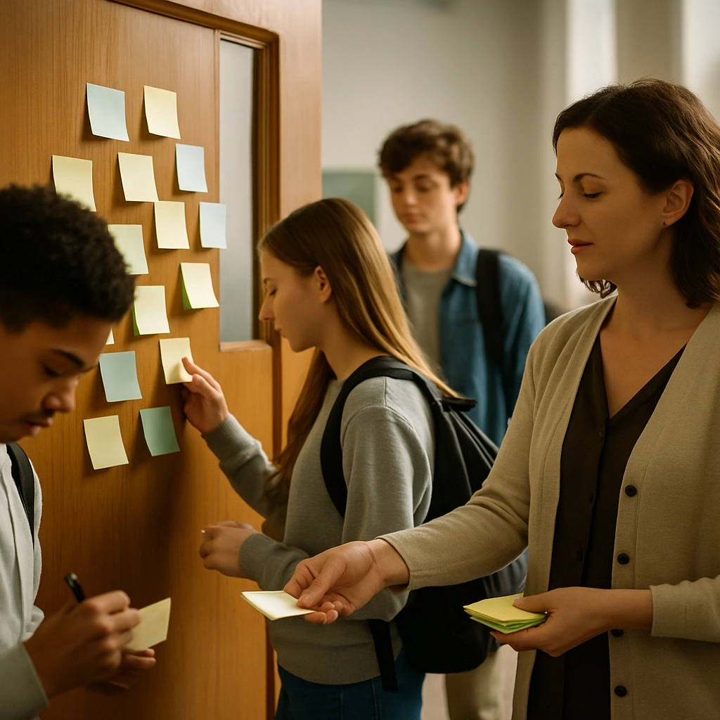 A realistic image of students writing on sticky notes and sticking them to a classroom door as they leave, with a teacher collecting them, symbolizing an exit ticket activity at the end of a lesson, and the room having a calm, reflective atmosphere. The image must be without any text, letters, or words.