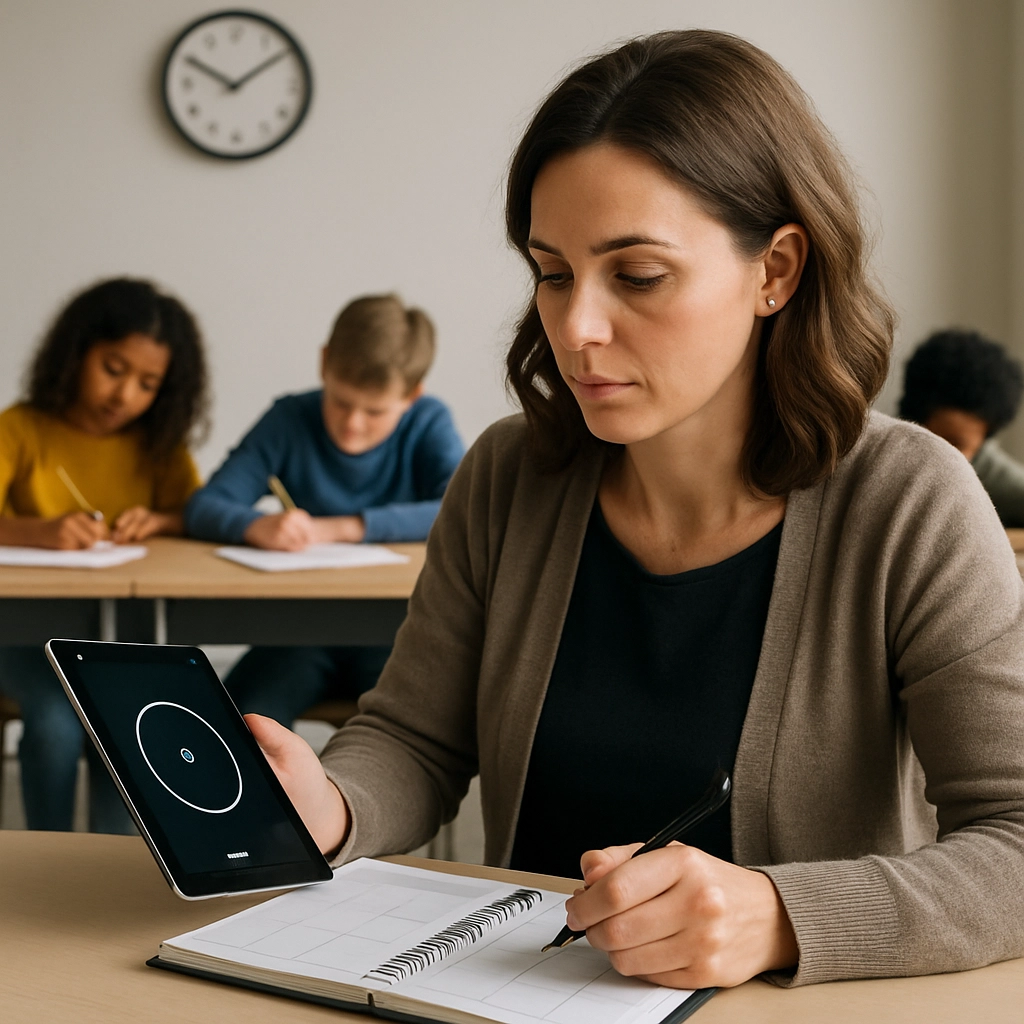 A realistic image of a teacher using a planner and a digital timer app on a tablet, while students work independently, with a clock seen in the background, representing strategic planning and the use of technology for time management. The image must be without any text, letters, or words.