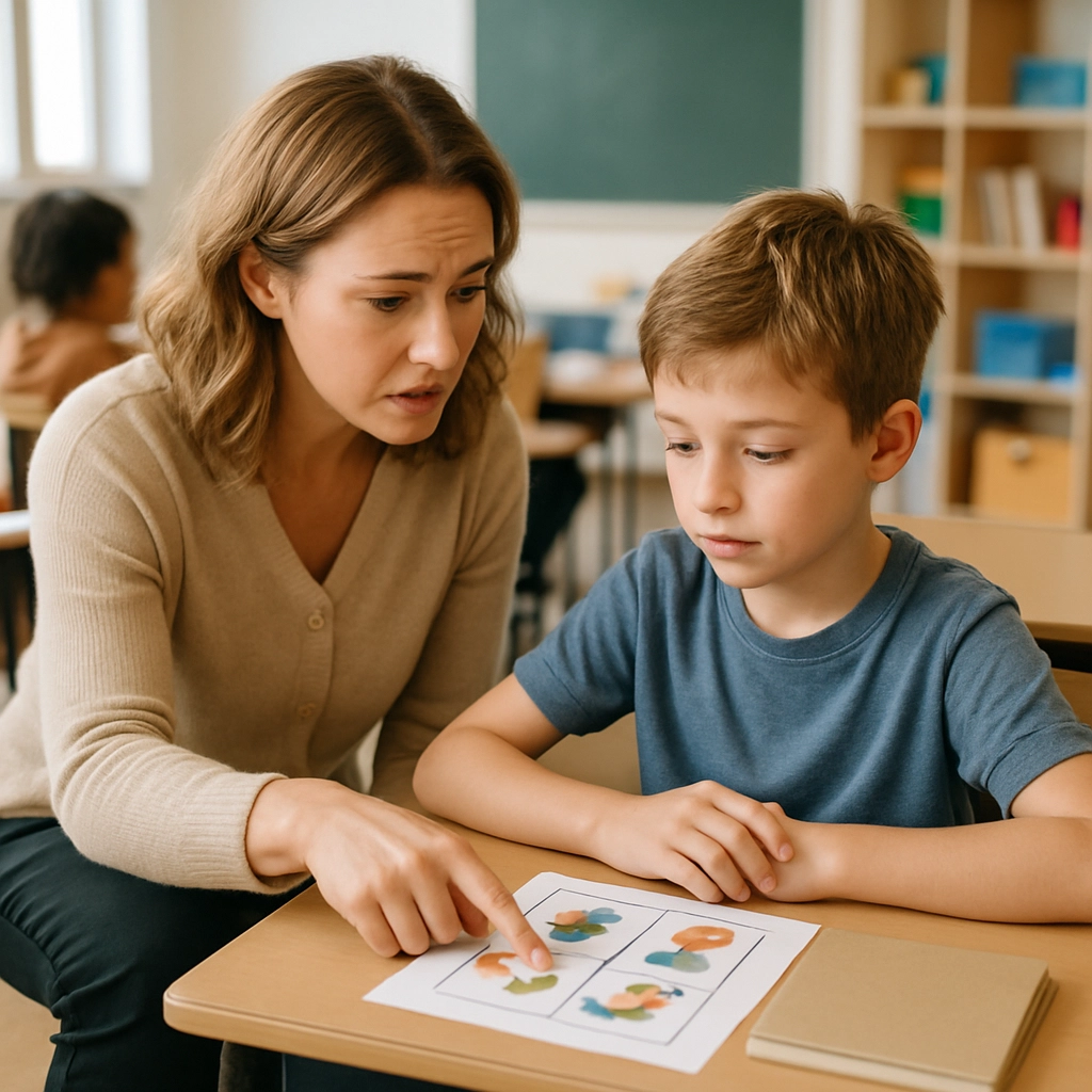 A realistic classroom scene with a concerned teacher kneeling beside a student's desk, talking softly and pointing to a visual chart on the desk. The student looks engaged and less anxious, the chart shows simple steps with no text. The image is bright, focused, and devoid of any textual elements, letters, or words.