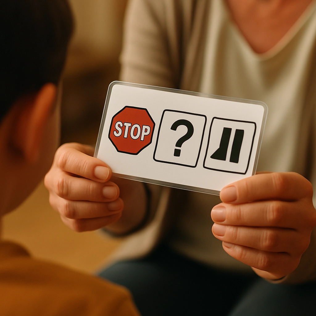 A close-up, photorealistic image of a teacher's hands presenting a laminated card with three simple picture icons (e.g., a stop sign, a question mark, a break symbol) to a student. The background is blurred, focusing on the interaction. The image is warm, and the card has no text or words, only symbols.