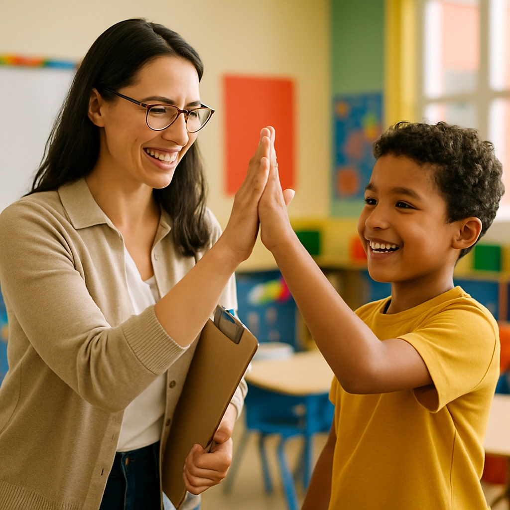 A photorealistic image of a teacher and a student smiling and giving each other a high-five in a bright classroom. The teacher has a clipboard under her arm, and both appear proud and happy. The classroom is colorful but contains no textual posters or signs. The focus is on the joyful interaction. No text, letters, or words in the image.