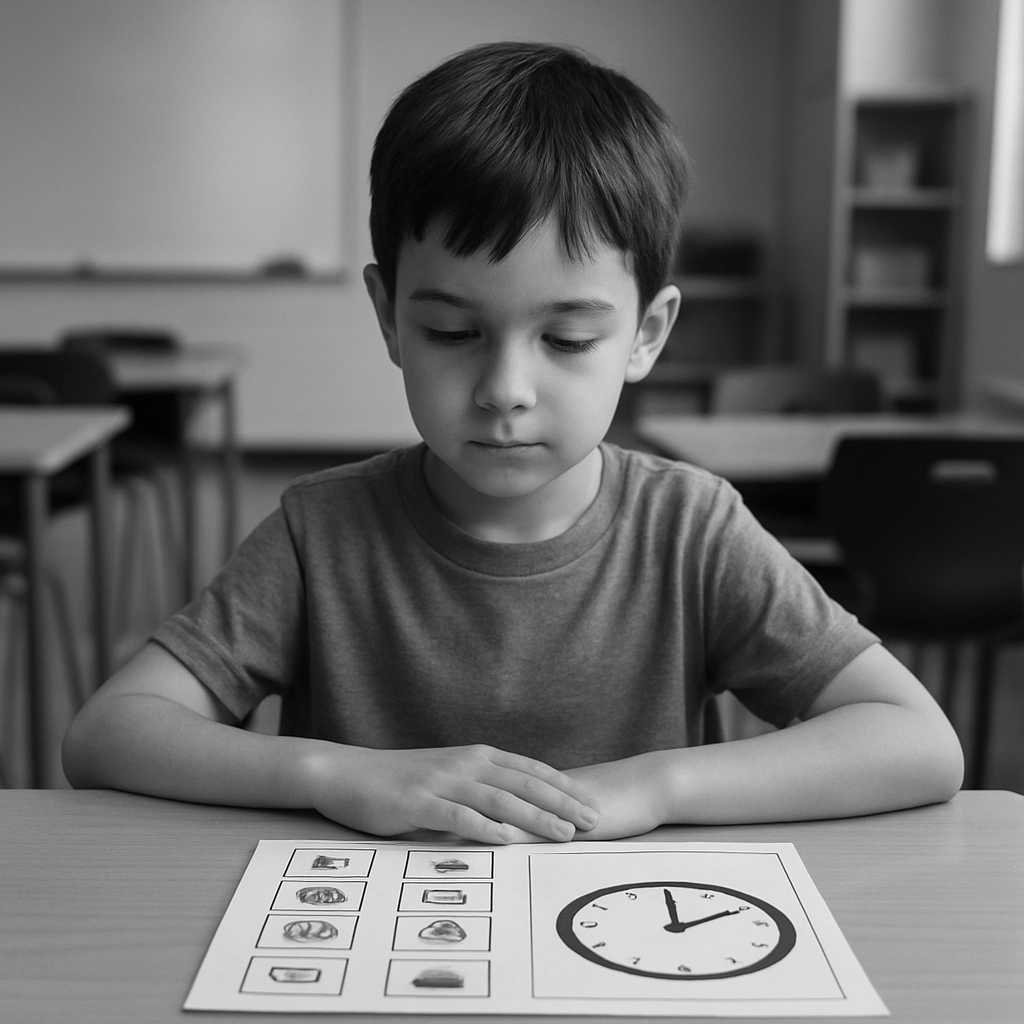 A black-and-white, photorealistic photo of a student quietly sitting at a desk, looking at a visual schedule with icons and a timer, appearing calm and focused. The environment is a modern classroom, but all textual elements are blurred or nonexistent. The image focuses on the student's peaceful expression and the neat, organized desk. No words, letters, or text anywhere.