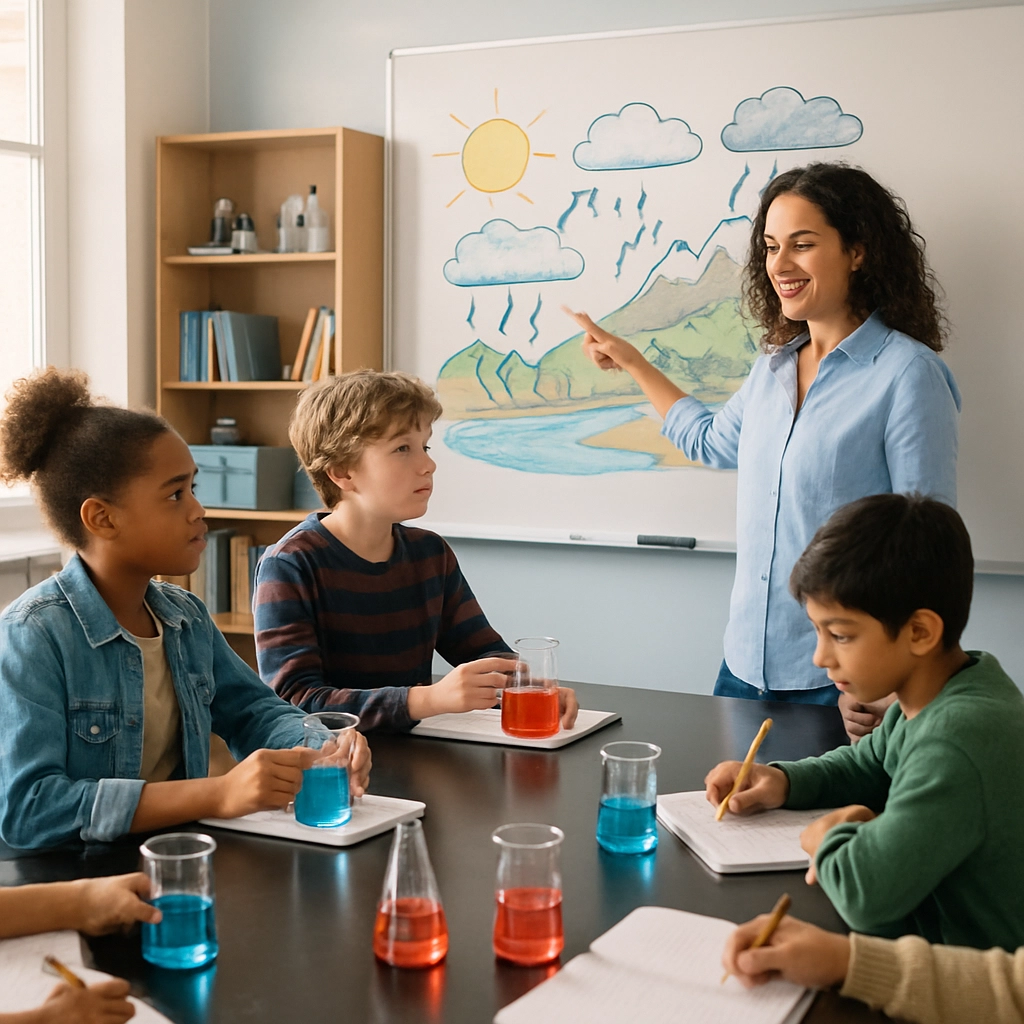 A realistic, high-quality image of a middle school science classroom with a teacher and diverse students working on a hands-on experiment about the water cycle. The teacher is pointing to a diagram on the board, and students are using beakers and colored water, with some writing in notebooks. The image is bright and engaging, with no text, letters, or words anywhere.